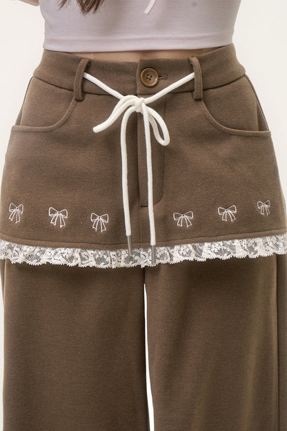 Bow Embroidered Layered-Look Pants