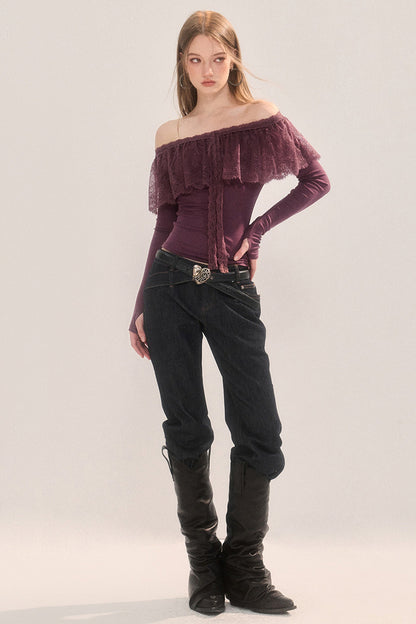Two-Way Tencel Lace Patchwork Off-Shoulder T-Shirt
