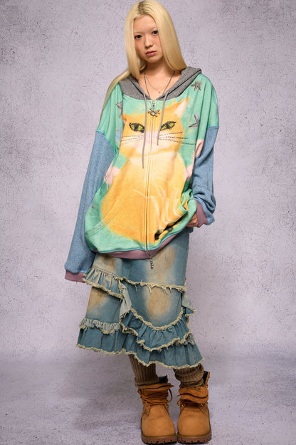 Cat Print Patchwork Sweatshirt Jacket