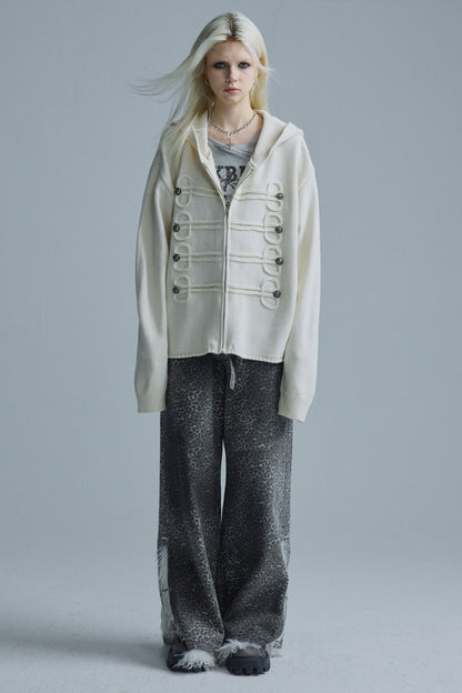Chain Embroidery Hooded Knit Cardigan