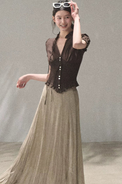Retro Textured V-Neck Blouse