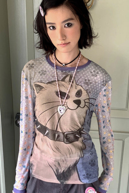 Color Block Cat Print Mesh Top