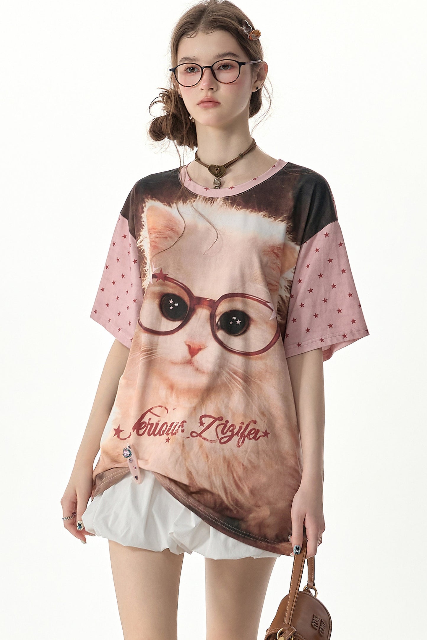 Lockeres T-Shirt mit Rundhalsausschnitt und pinkem Stern-Katzenprint