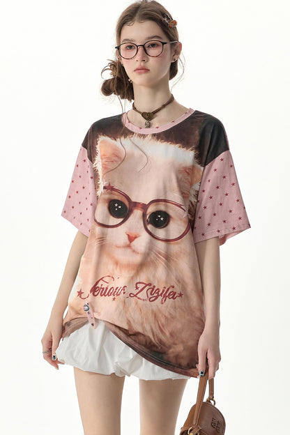 Lockeres T-Shirt mit Rundhalsausschnitt und pinkem Stern-Katzenprint
