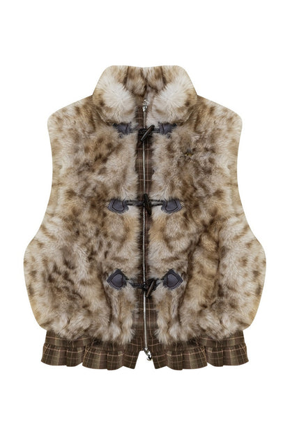 Plush Patchwork Plaid Leopard Horn Button Jacket
