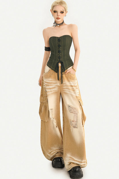 Haut tube corset vert foncé à lacets