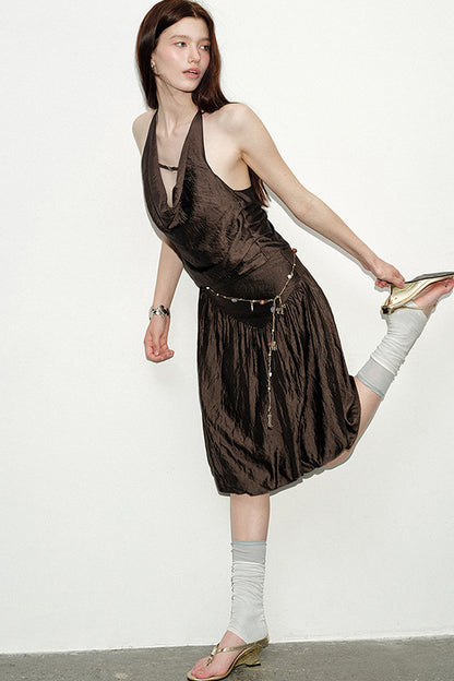 Brown Cowl Neck Camisole and Irregular Skirt Set