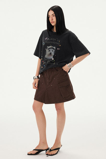 Rhinestone Cartoon Dog Drop Shoulder T-Shirt