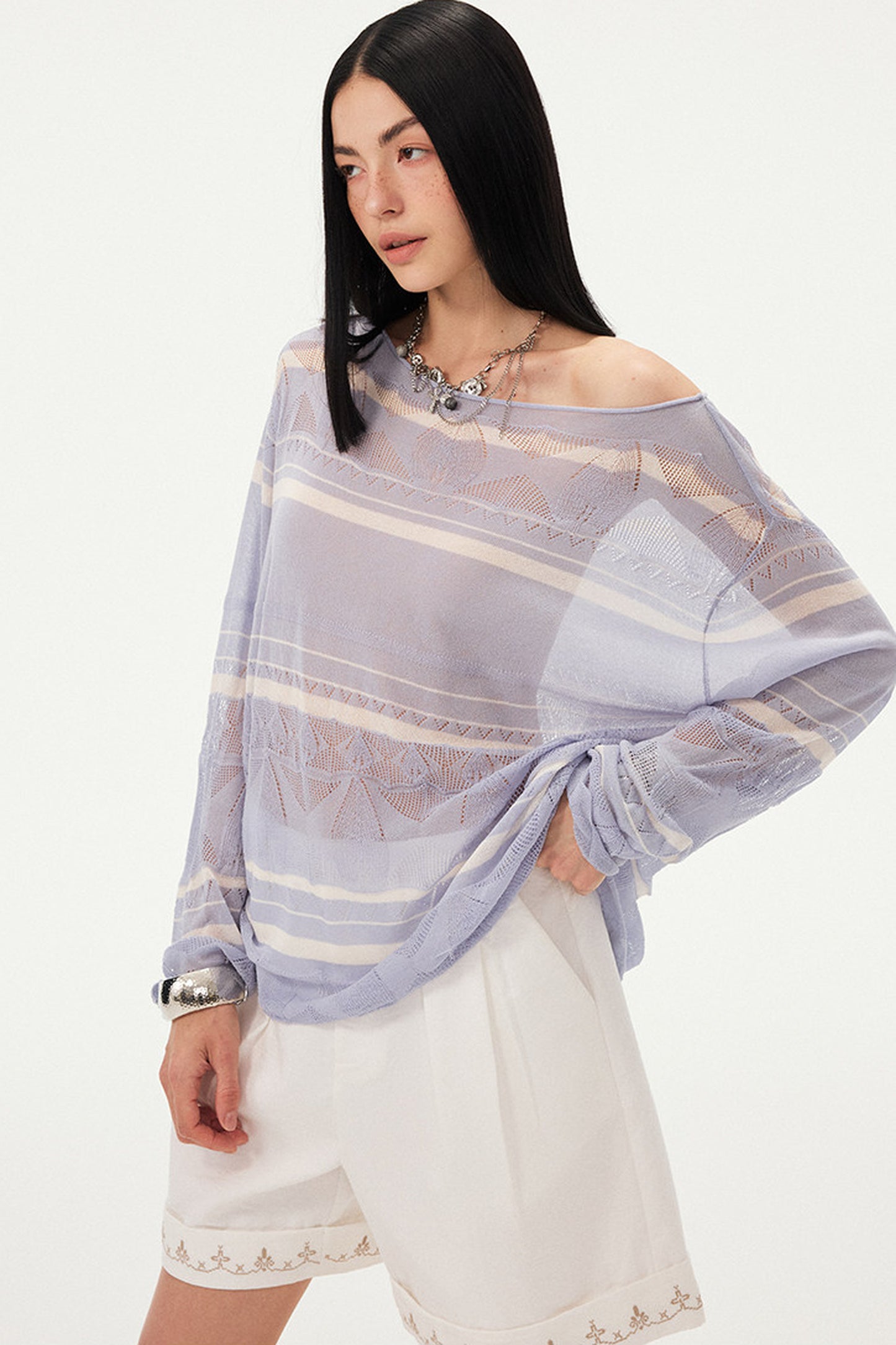 Pink Knit Hollow-Out Crochet-Style Pullover Top