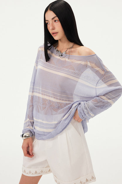 Pink Knit Hollow-Out Crochet-Style Pullover Top