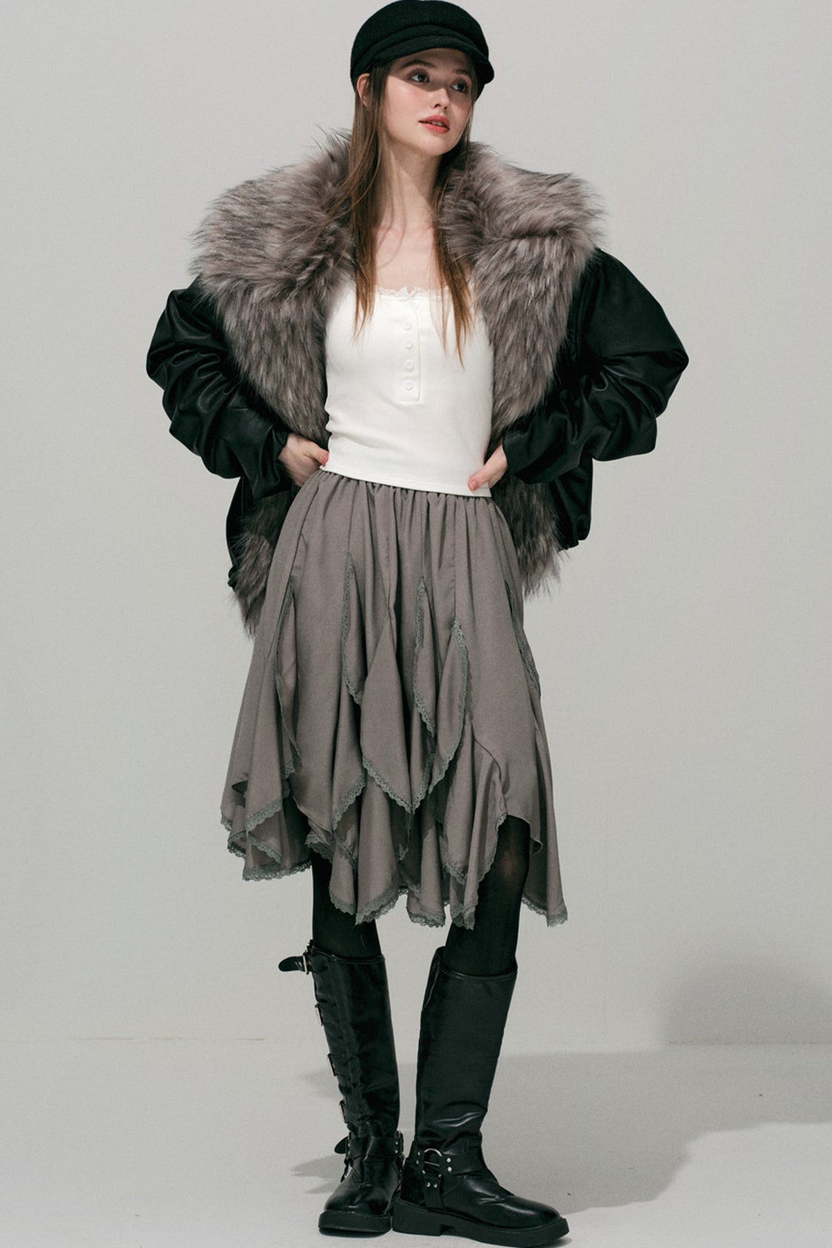 Large Fur Collar Leather Jacket