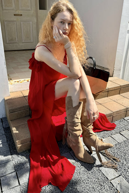Hand-Stitched Rose Red Slip Dress