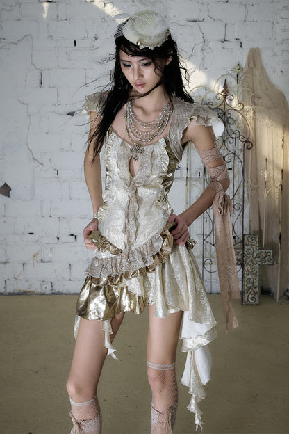 Baroque Gold Satin Ruffle Dress