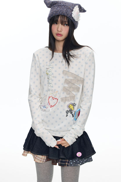 Polka Dot Lace Patchwork Long Sleeve T-Shirt