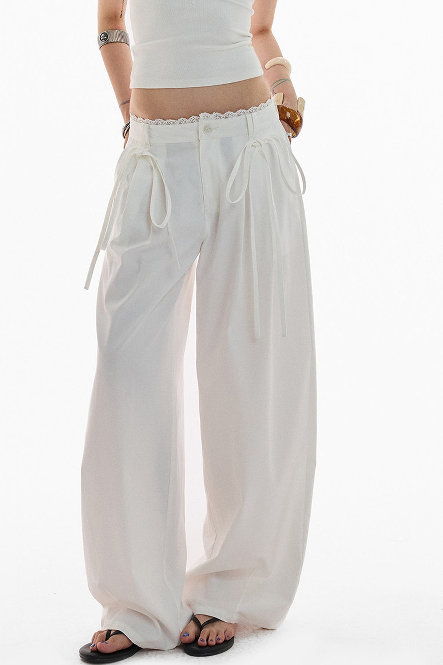 Lace Trim Pima Cotton Wide Leg Pants