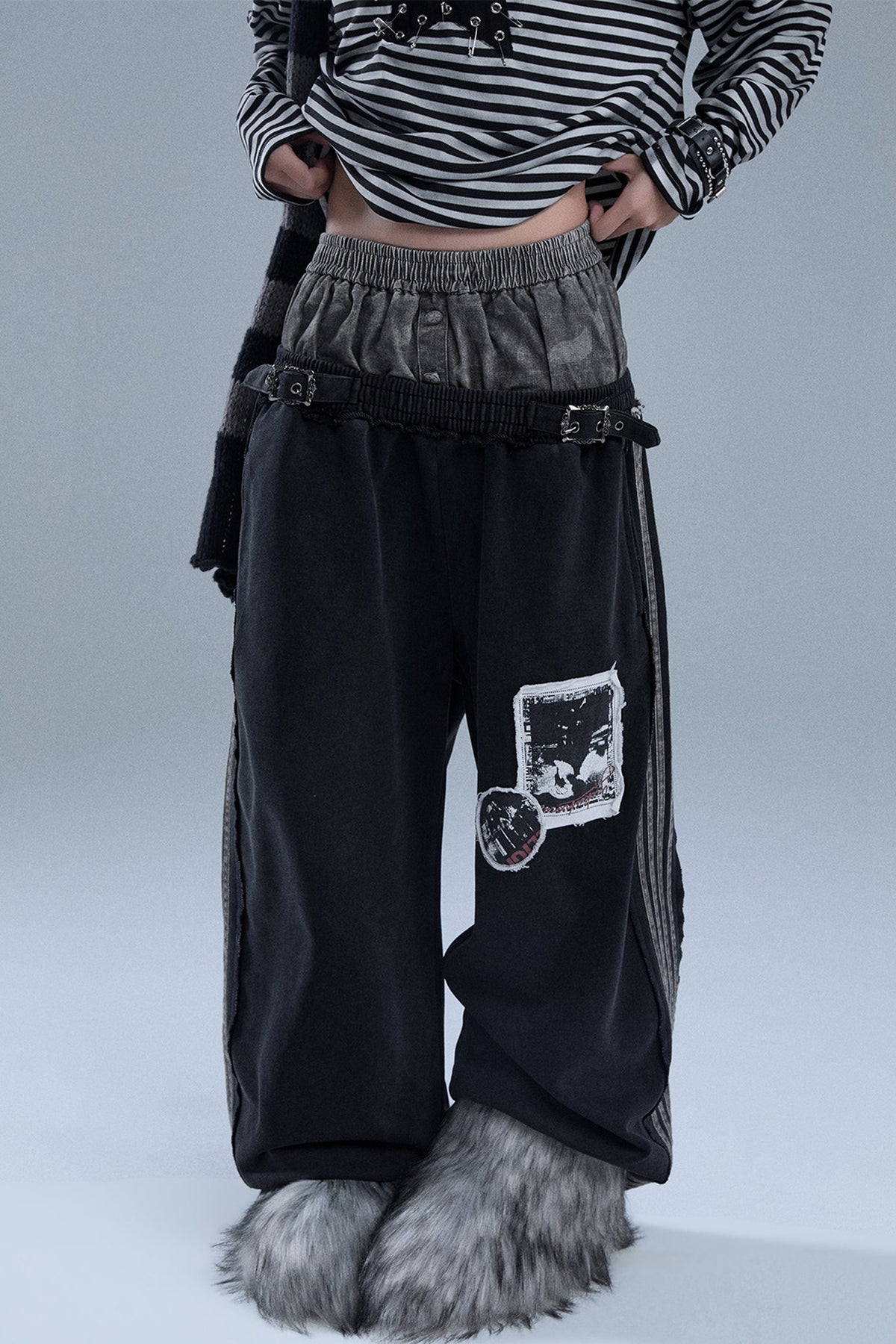 Layered-Look Patchwork Striped Pants