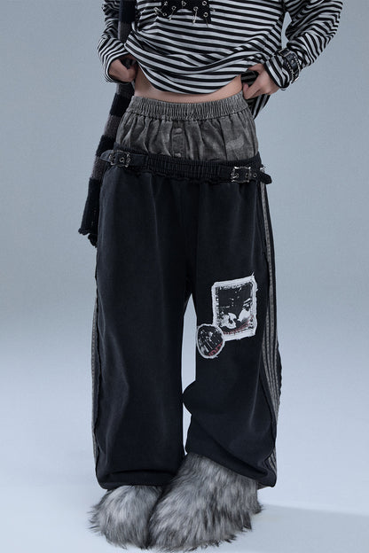 Layered-Look Patchwork Striped Pants