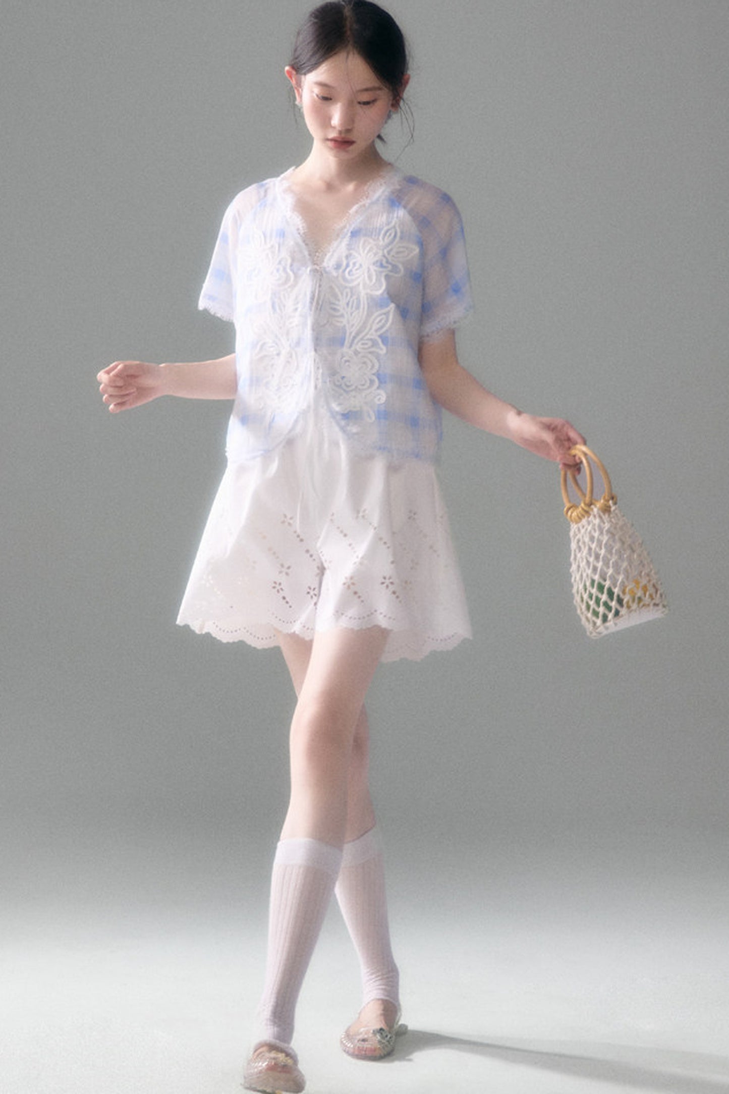 Blue White Checkered Lace Tencel Top Skirt Set-Up