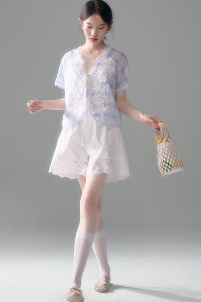 Blue White Checkered Lace Tencel Top Skirt Set-Up