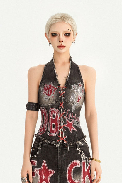 Y2K-Camisole mit Buchstaben-Print und Schnürung
