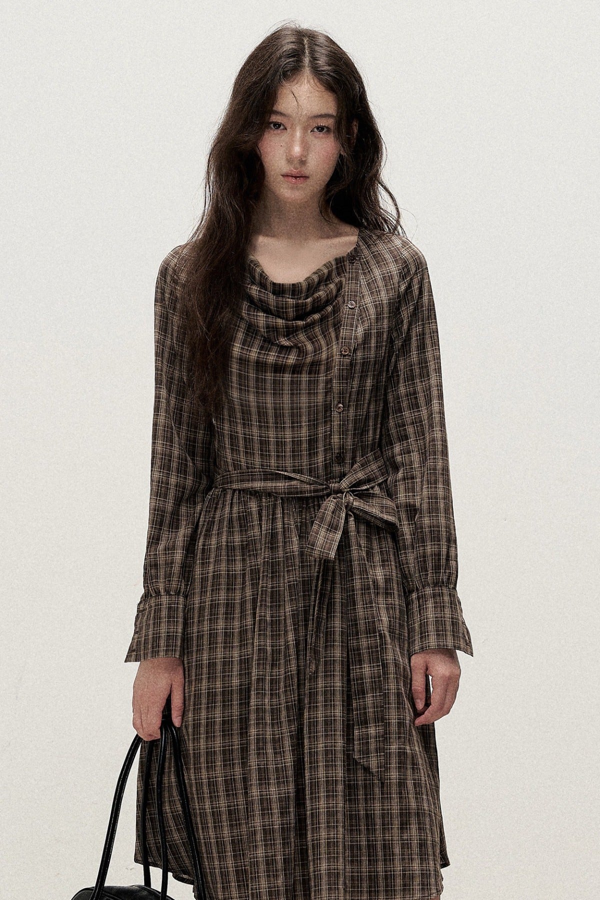 Plaid Diagonal Placket Ribbon Dress