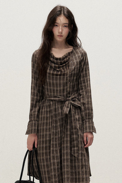 Plaid Diagonal Placket Ribbon Dress
