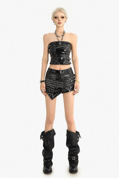 Low-Waist Punk Leather Eyelet Skirt Pants and Tube Top Set-Up