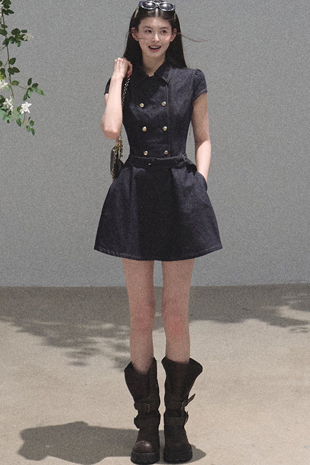 Retro Denim Waist-Cinching Dress Set-Up