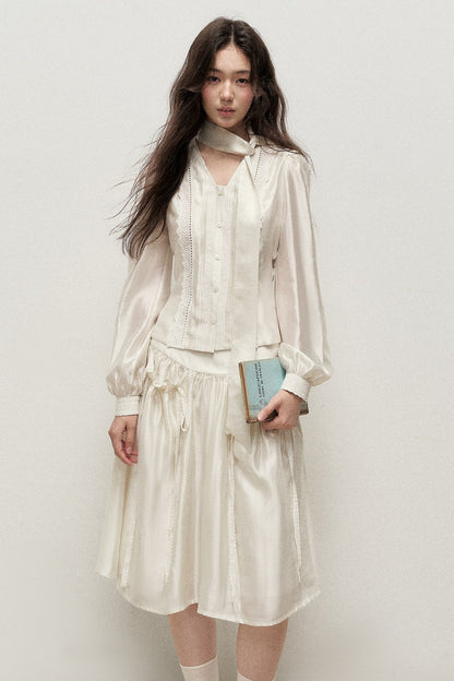 Botanical Lyocell V-Neck Ribbon Blouse And Skirt Set-Up