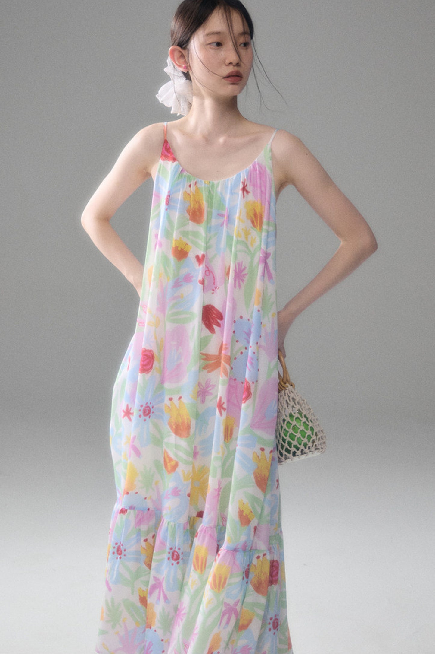 Hand-Painted Watercolor Flower Print Strap Dress