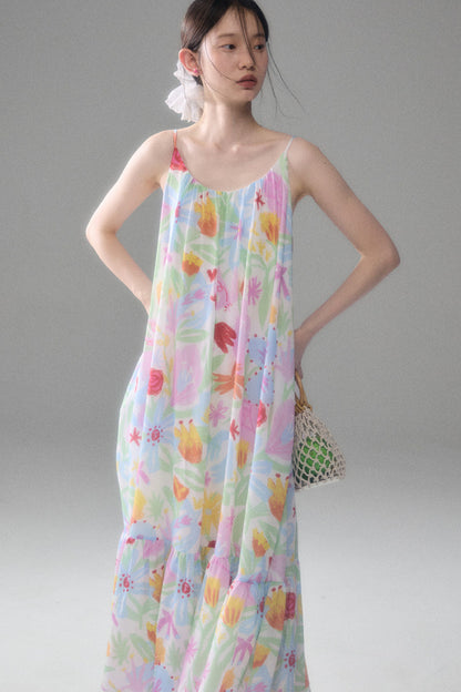 Hand-Painted Watercolor Flower Print Strap Dress