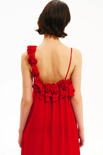 Hand-Stitched Rose Red Slip Dress