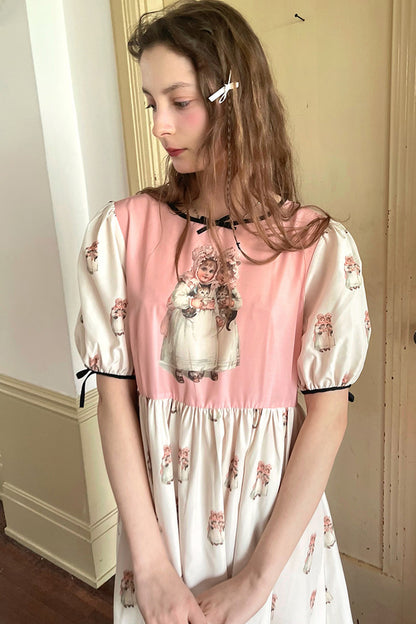 Vintage-Kurzarmkleid mit Puppen-Print