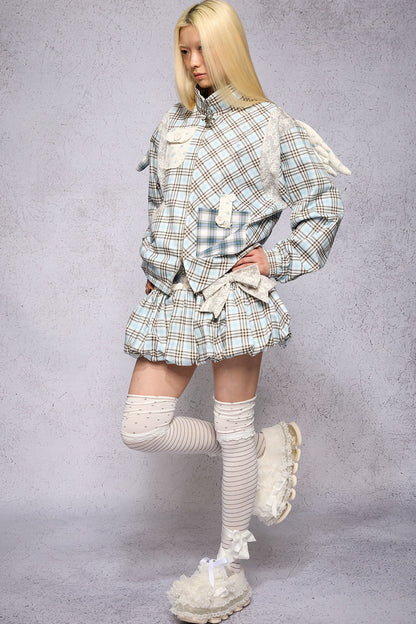 Plaid Patchwork Bow-Decorated Pumpkin Skirt