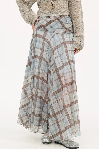 Plaid Pleated Mesh Skirt