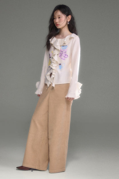 French Ruffle Flared Long-Sleeve Blouse