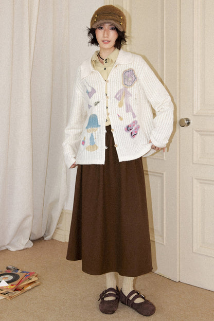 Perforated Long-Sleeved Vertical Stripe Printed Knit Set-Up