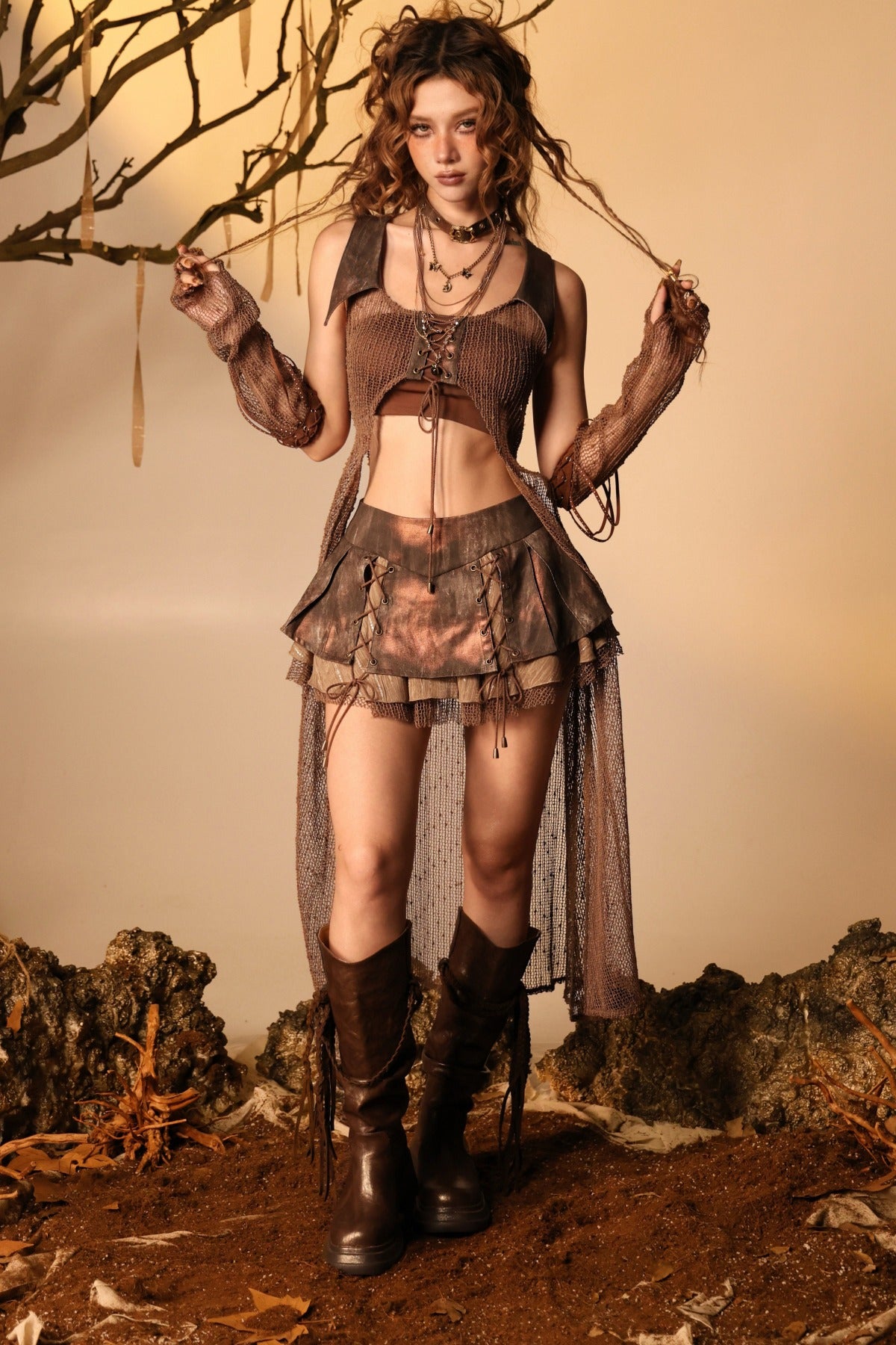 Ember Wasteland Mesh Hollow-Out Long Vest Set-Up