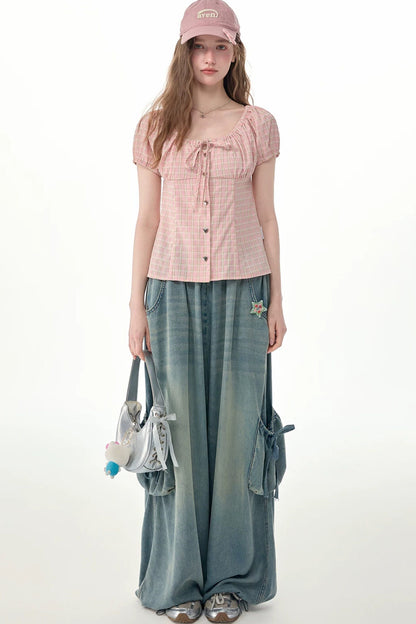 Pink Plaid Puff Sleeve Top
