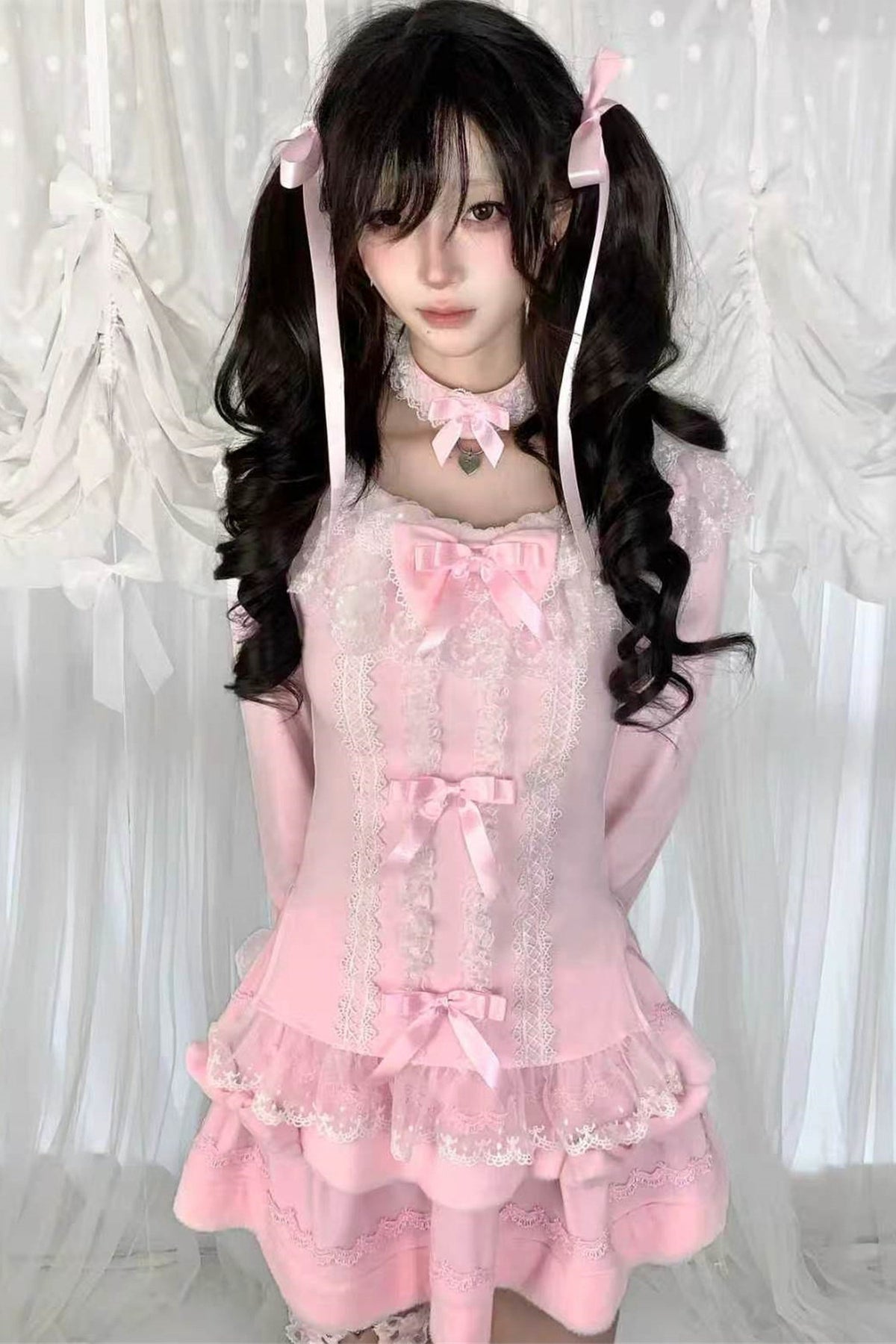 Multi-Layered Lace Bow Long Sleeve T-Shirt