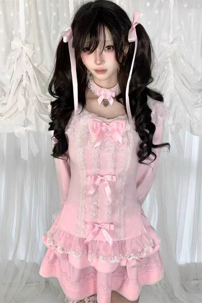 Multi-Layered Lace Bow Long Sleeve T-Shirt