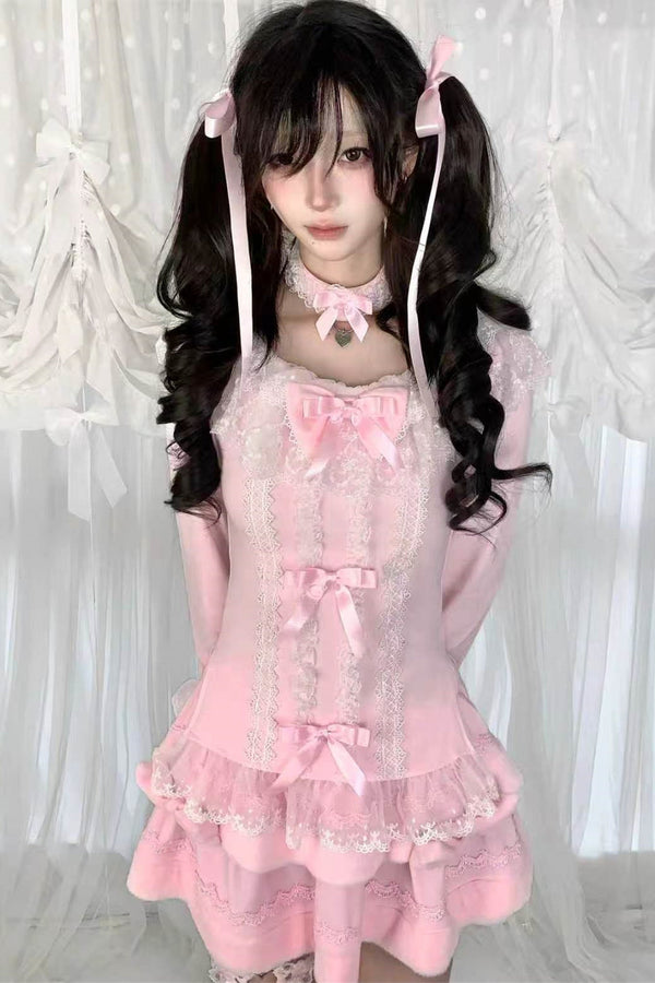 Multi-Layered Lace Bow Long Sleeve T-Shirt