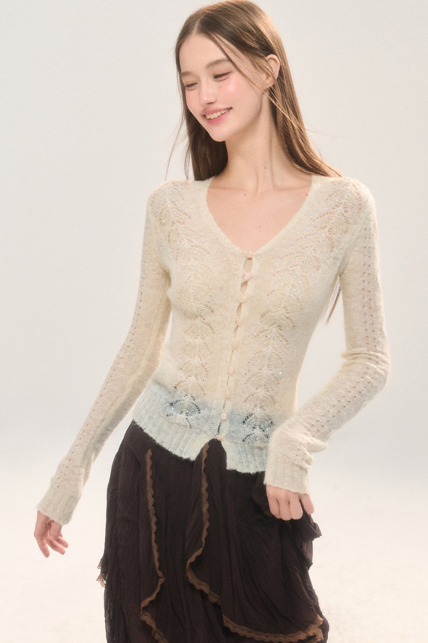 Rhinestone Hollow-Out Knit Cardigan Top