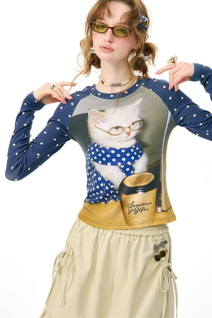 Tee-shirt raglan à imprimé chat et pois