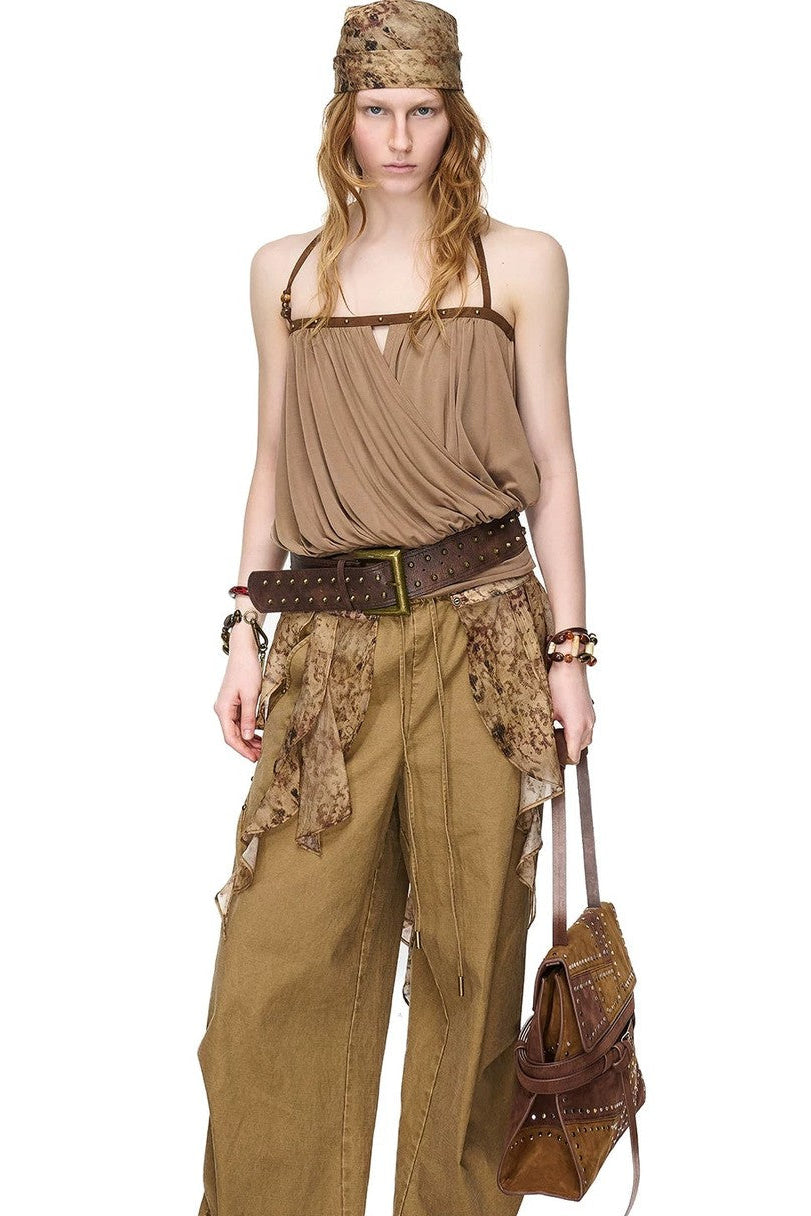 Pleated Beaded One-Shoulder Top