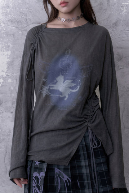 Gray Unicorn Drawstring Irregular T-shirt