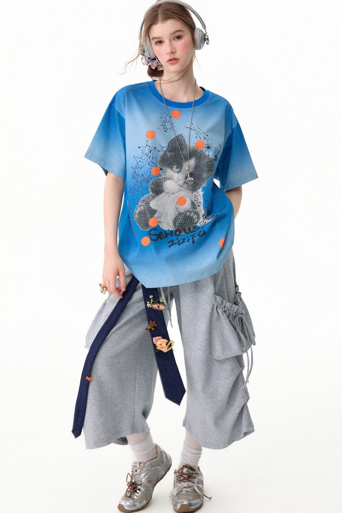 Gray Drawstring Pocket Wide-Leg Sweatpants