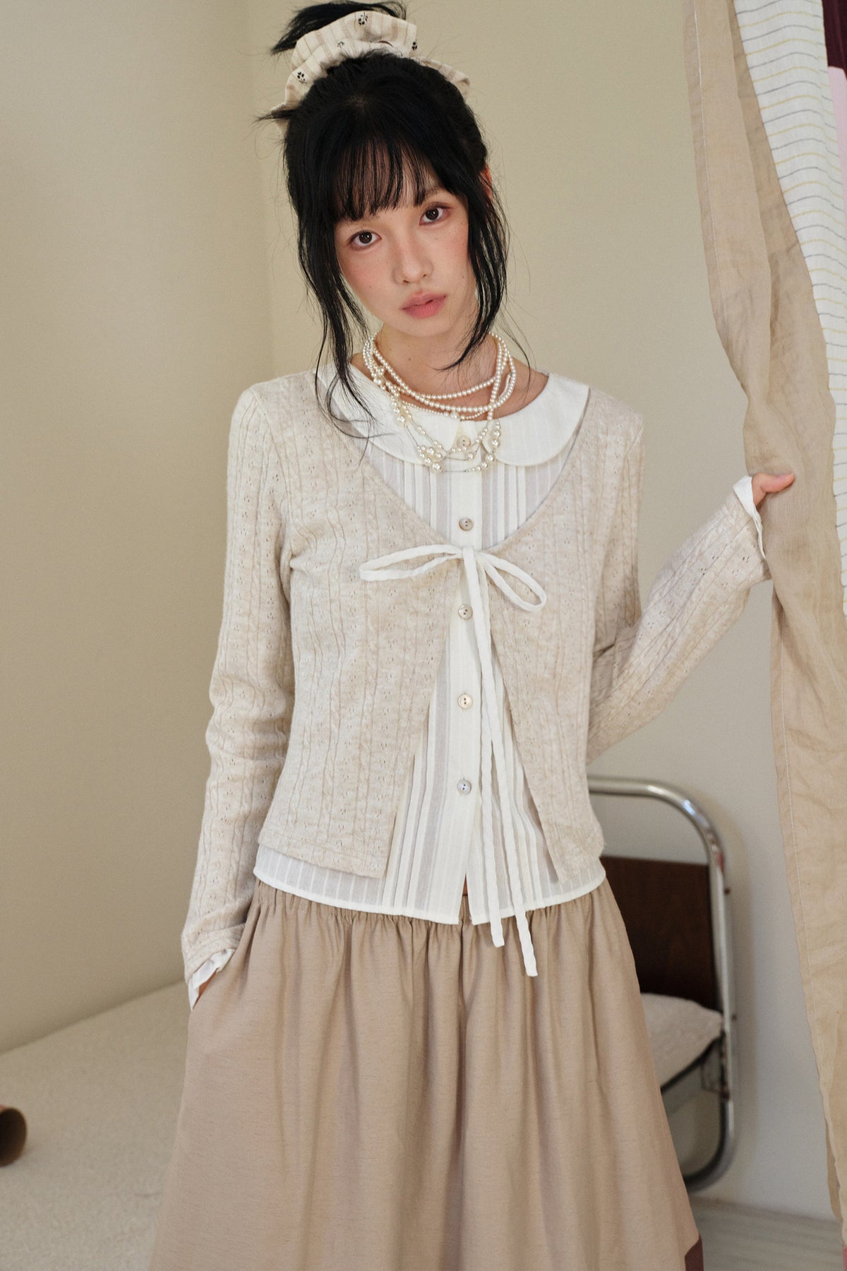 Beige Wool Tie-Up Doll Collar Knit Cardigan Top