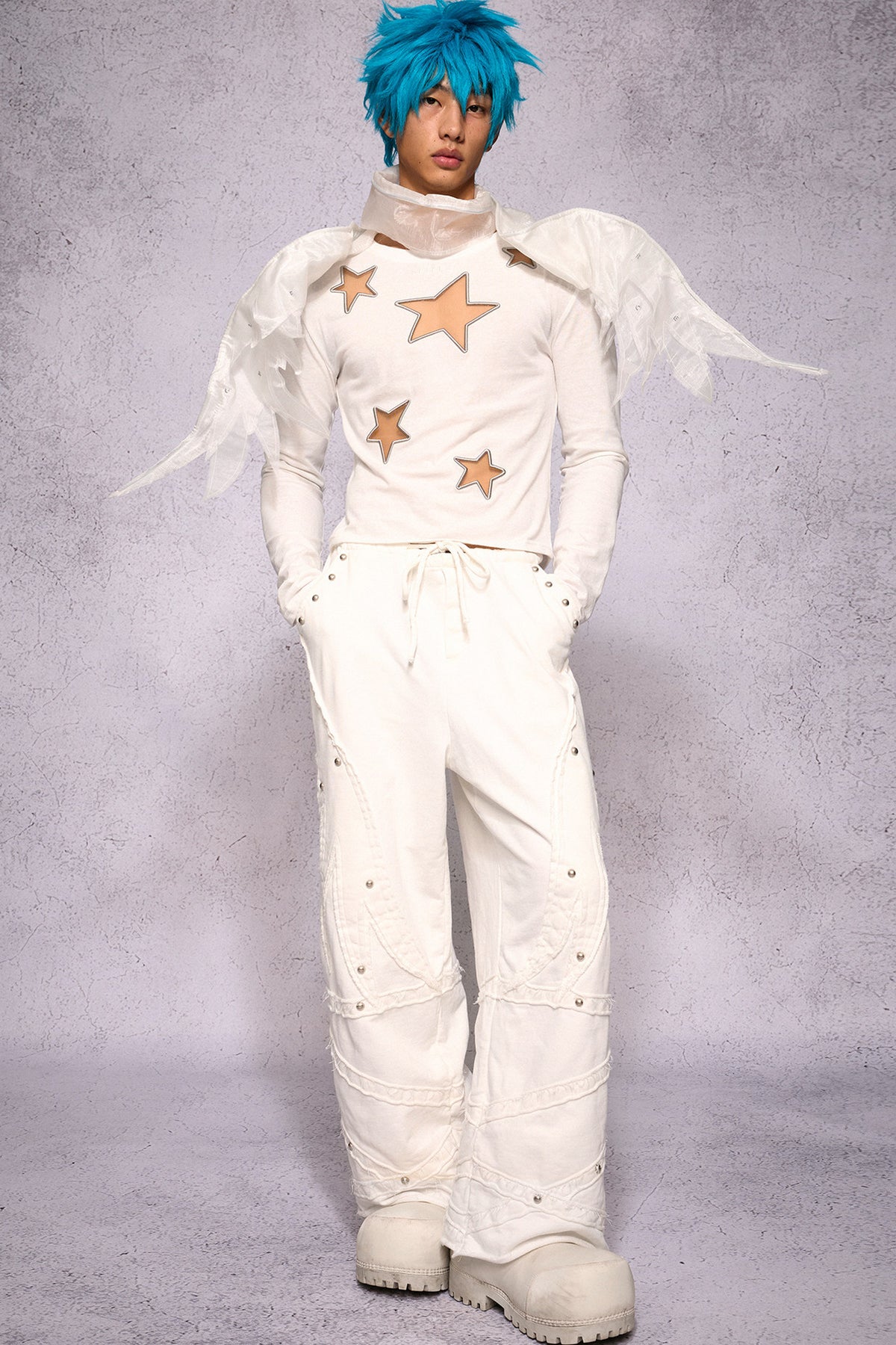 Star Hollow Mesh Embroidery Long-Sleeved Top