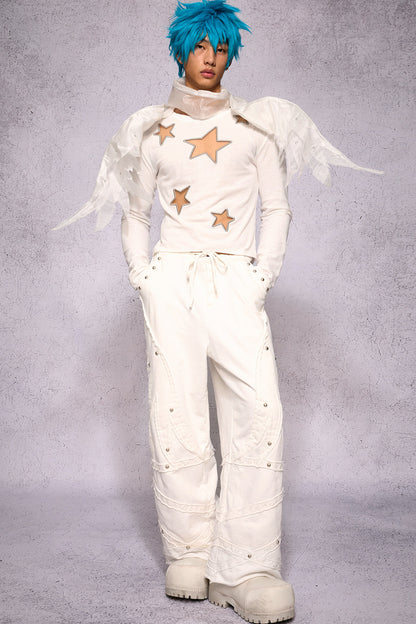 Star Hollow Mesh Embroidery Long-Sleeved Top